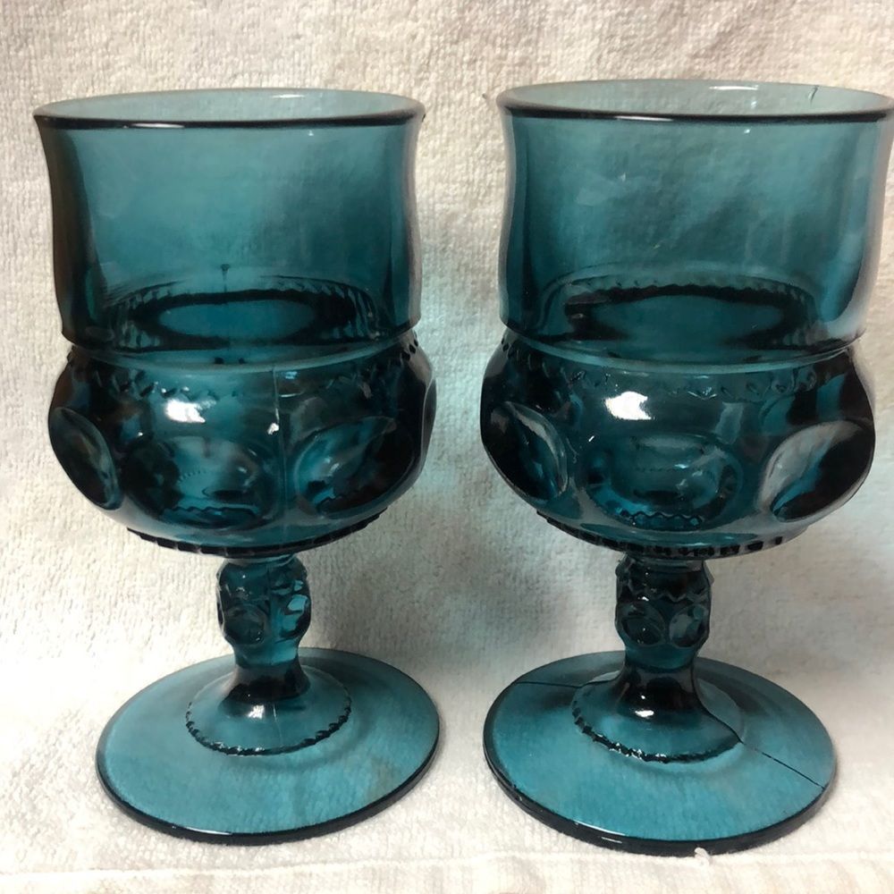 Indiana Glass Kings Crown Wine Goblet Glasses Dark Teal Blue Set of 2